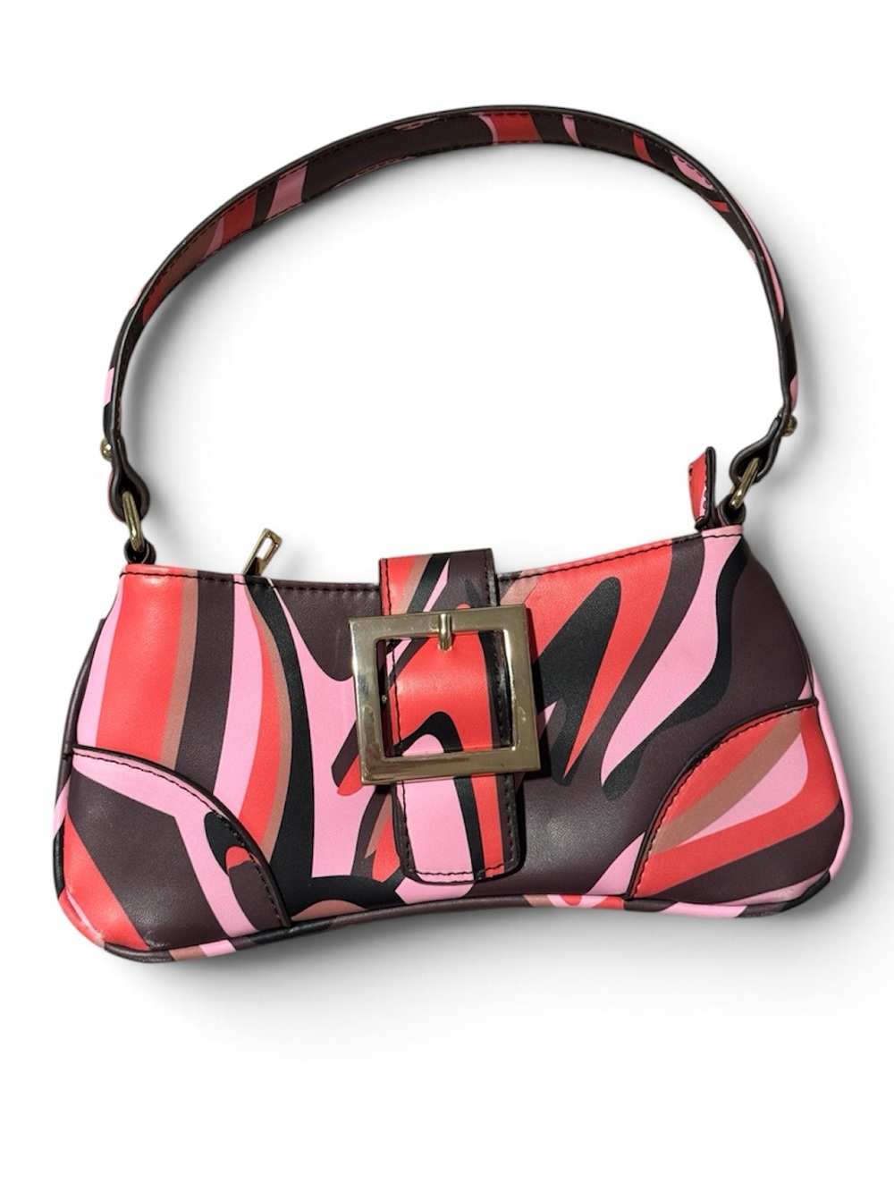 Y2K Pink Red Brown Swirl Print Baguette Shoulder Bag Buckle Purse